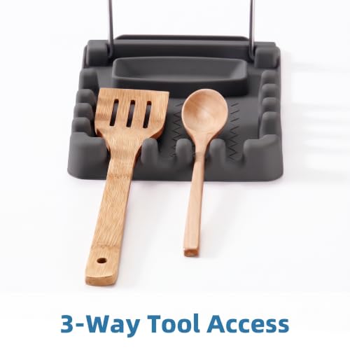 Silicone Utensil Rest with Foldable Stainless Steel Lid Holder – Multi-Slot Spoon & Spatula Holder, Heat Resistant, Non-Slip Rubber Feet, Dishwasher Safe, Space-Saving Kitchen Tool-grey - color: Gray