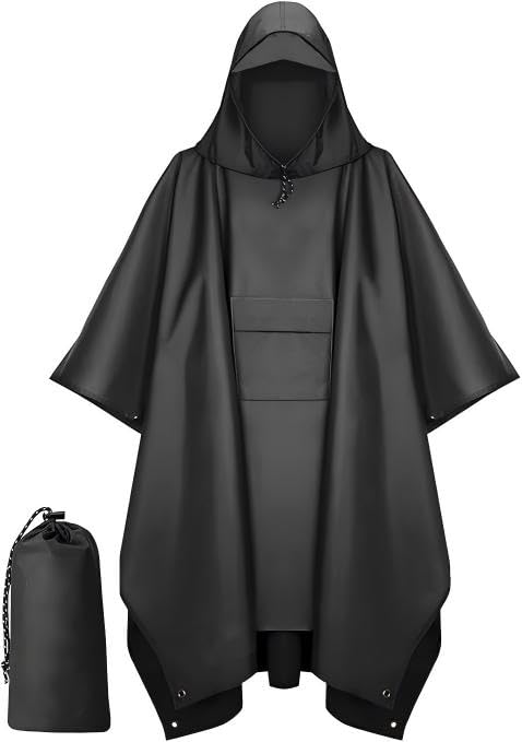 Extra Thick Waterproof Hooded Rain Poncho for Adults Lightweight Raincoat Jacket with Pocket for Hiking Camping Emergency - color: Black