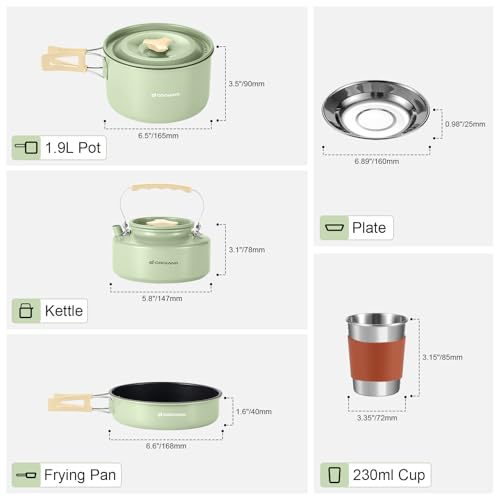 Odoland 15pcs Camping Cookware Mess Kit, Lightweight Pot Pan Kettle Set | Anodized aluminum, for hiking, outdoor cooking and picnic, 1.9L pot 0.8L kettle 0.86L pan mess kit, little compact pot set - style: Green