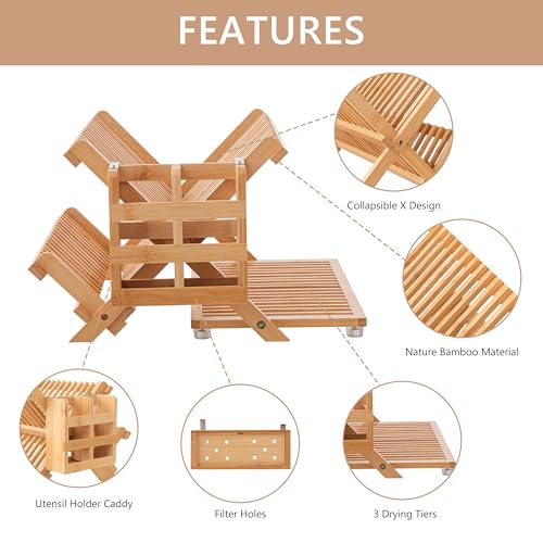 HBlife Bamboo Dish Drying Rack with Utensil Holder, 3-Tier Large Collapsible Wooden Dish Drainer Rack, Folding Drying Holder Dish Drainer for Kitchen Counter - color: Bambooa-3 Tiers