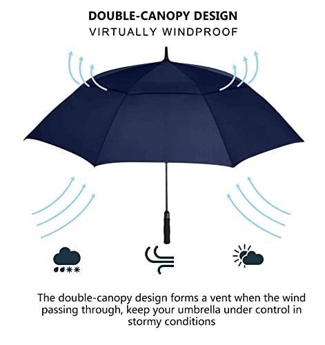 62/68/72 Inch Large Golf Umbrella Windproof Waterproof Auto Open | Oversized Double Canopy Vented, 210T Waterproof Pongee Fabric, Light Fiberglass Frame, Unique Red Foam Handle - color: Navy Blue-Red Handle, size: 72"