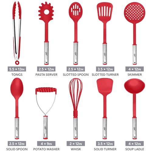 Kitchen Utensils Set, 10 Nylon Stainless Steel Cooking Utensils, Non Stick and Heat Resistant Cookware set New Chef's Gadget Tools Collection - color: Red