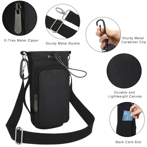 E-Tree Canvas Crossbody Water Bottle Bag,Shoulder Strap,Phone Pocket Black | Canvas & Nylon, Fits 800ml Bottles, Adjustable Strap, Phone Pocket, Hiking Gym Camping, Unisex