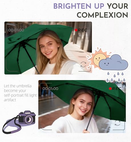 Windproof Travel Umbrella for Rain - 43" Compact Folding Umbrella, Reinforced Strong Frame, Lightweight Portable Parasol with UPF 100+ UV Sun Protection, Cruise Ship Essentials - color: 1-DrakGreen
