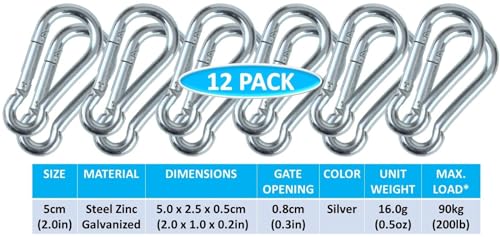 Black & Silver Zinc-Galvanized Heavy Duty Bushcraft Carabiner Spring Snap Clip Link Hooks 200-500lb Load 2, 6 & 12 Packs - color: 5cm (2.0in) Silver 12 Pack