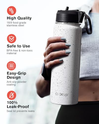 Coolflask 24 oz Insulated Water Bottle with Straw & 3 Leakproof Lids | Water Flask Stainless Steel Triple-Wall Vacuum, Cupholder Friendly, Cold 48+h, Dishwasher Safe, Non-BPA, for Gym & Hiking - color: Arctic White, size: 24 Ounces