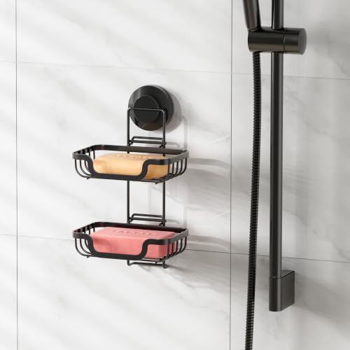TAILI Soap Holder, Soap Dish Suction Cup with Hooks, Stainless Steel (Light Black) | Soap Dish for Shower, Bathroom Bar soap holder Shower Wall, Stainless Steel Sponge Holder for Tub Kitchen, Black - color: Light Black