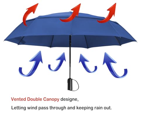 Windproof Travel Umbrella, Vented Folding Umbrella, Compact Double Canopy Auto Open Close 42 Inch - color: L1.4 Navy Blue