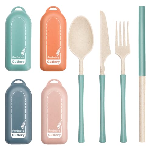 4Pack Folding Cutlery Set with Case, Travel Foldable Collapsible Portable Wheat Spoon Fork Straw Utensil Tableware for Picnic Camping
