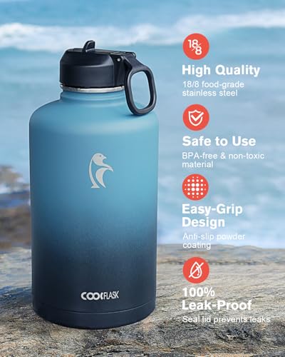 Coolflask Water Bottle 87 oz with Straw, 2/3 Gallon Insulated Stainless Steel Large 3 Lids Big Water Jug for Sports or Office, Non-BPA Keep Cold Up to 48 Hrs or Hot Up to 24 Hrs, Samurai Cyan - color: Samurai Cyan, size: 87 Ounces