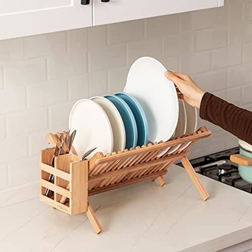 HBlife Dish Rack, Bamboo Folding 2-Tier Collapsible Drainer Dish Drying Rack with Utensils Flatware Holder Set (Dish Rack with Utensil Holder) - color: Bamboo-2 Tiers
