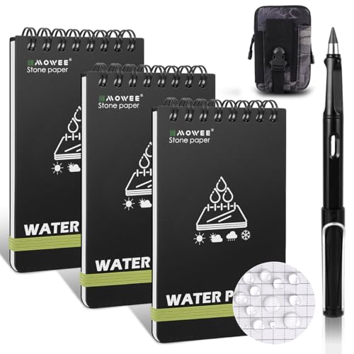 Waterproof Notebook set of 5，3 x 5 Stone Paper Pocket Notepads，Portable All Weather Notebooks for Indoor & Field Police Notepad w/3pcs Small Spiral Note book, Pen & Storage Bag (5pcs, Black) - size: 5Pack