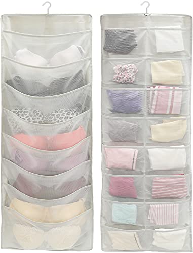 Simple Houseware 24-Pocket Double-Sided Hanging Closet Organizer | 1 Pack, for Bra & Underwear Storage with Rotating Hanger, Mesh Fabric, Gray