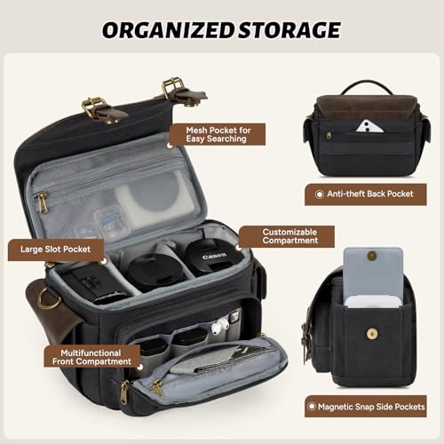 RAINSMORE Camera Bag, Vintage Canvas Camera Sling Bag Crossbody Camera Case - color: Black