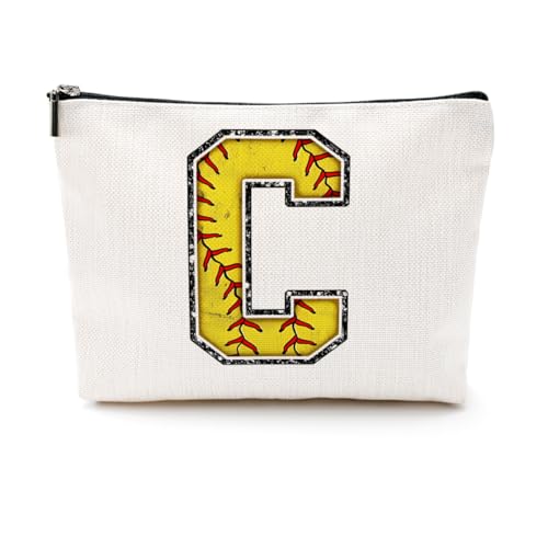 Softball Gifts Initial C Makeup Bag Softball Gifts for Team Cosmetic Bag | Letter C Monogrammed Zipper Pouch Softball Accessories for Girls Women Player Coaches Friend Graduation Birthday Gifts - color: Softball C, style: Softball