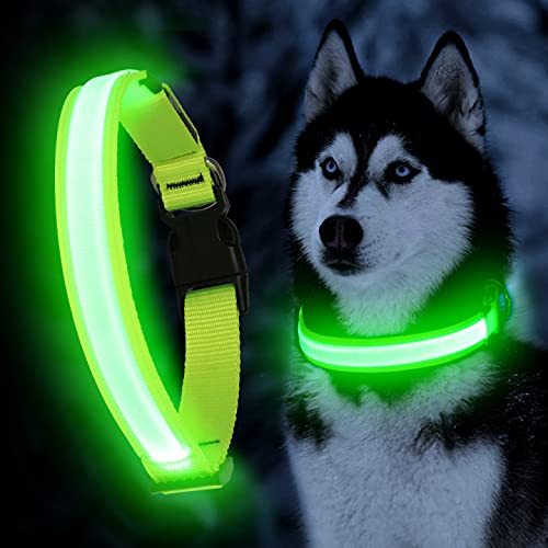 YFbrite Ultra Light Adjustable LED Dog Collar, Light up Dog Collars Rechargeable Glowing in The Dark Collars Visiblity & Safety for Small, Medium, Large Dogs (Green, Small) - color: Green, size: Small