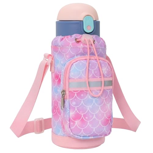 Water Bottle Holder for Kids - Water Bottle Carrier with Strap - color: 1-Pink Mermaid Scale