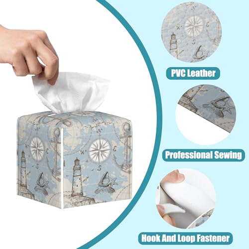 Compass Sea Map Tissue Box Cover,Anchor and Seashells Tissue Box Holder Square,Waterproof Leather Organizer Portable Decorative Facial Paper for Bedroom Dresser Night Stand Office,5.2" x 5.2" x 5.2" - color: Compass Sea Map