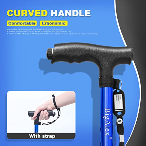 BigAlex Folding Walking Cane with LED Light,Pivoting Quad Base,Adjustable Walking Stick with Carrying Bag for Men/Women - color: Blue(5'5"-6'3")
