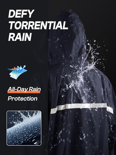 Mens Long Hooded Safety Rain Jacket Waterproof Emergency Raincoat Poncho - color: Navy, size: XX-Large