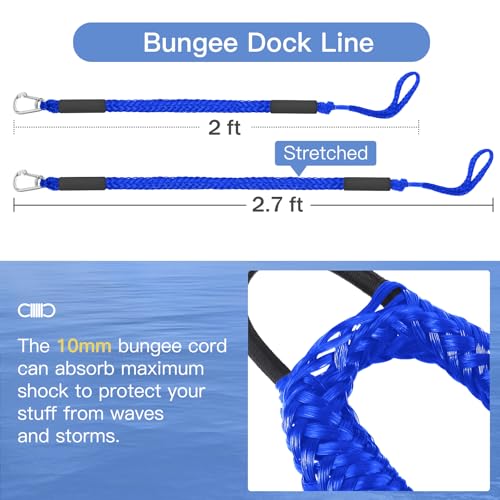 Boat Bungee Dock Lines, 2 Feet PWC & Jet Ski Dock Line, Heavy-Duty Mooring Ropes for Docking, Pack of 2