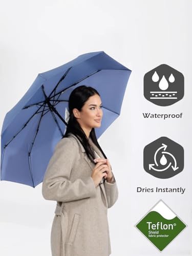 Windproof Travel Umbrella - Compact, Light, Full Automatic Open/Close - Folding Backpack Umbrella for Rain & Sun UV Preotection For Men & Women, Unbreakable 8 Fiberglass Ribs UK Design - color: Pigeon Blue