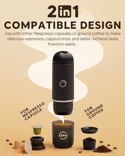 Portable Electric Espresso Machine Self-heating Rechargeable Travel Coffee Maker for Camping Hiking Office Car 19 Bar Compatible with NS Capsules & Ground Coffee with stand (Black+Stand)
