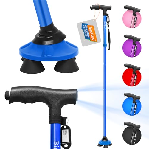 BigAlex Folding Walking Cane with LED Light,Pivoting Quad Base,Adjustable Walking Stick with Carrying Bag for Men/Women - color: Blue(5'5"-6'3")