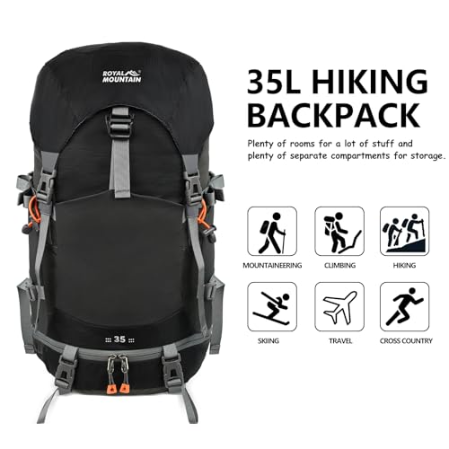 Hiking Backpack for Women Men,30+5L Waterproof Camping Backpacking Backpack | Lightweight Hiking Backpacking Packs for Outdoor Traveling Trekking,35L Internal Frame Backpack with Rain Cover - color: Black