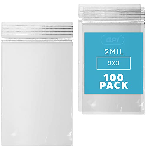 2" x 3" Small Zip Bags, 100 Pack, Clear Plastic Reclosable Poly Baggies, 2 mil with Resealable Zip Top Lock for Storage & Packaging Jewelry, Pills, Meds, Candy, Beads & Seeds. GPI - size: 2" x 3"