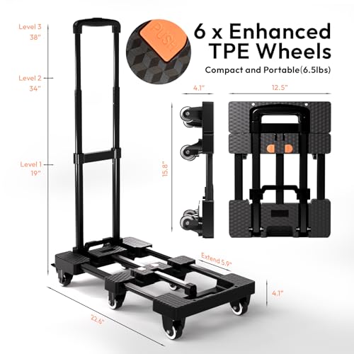 Voipvvii Folding Hand Truck 500lbs, Portable Heavy Duty Dolly Cart, 6 Wheels Collapsible Luggage Cart with 2 Elastic Ropes - Compact Trolley Cart for Easy Moving - Ideal Hand Cart for Travel and More - color: Black
