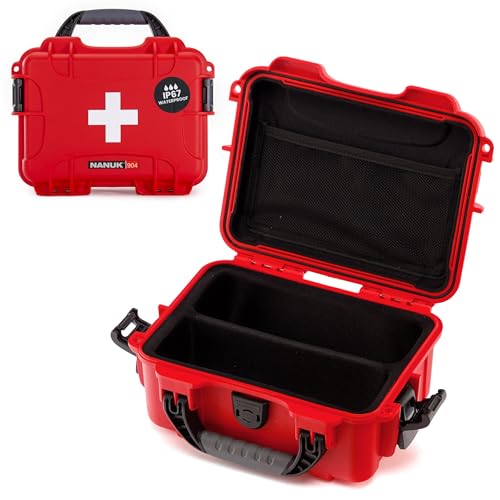 NANUK 904 Waterproof First Aid Box Empty with Lid Organizer & Dividers – Durable Medical First Aid Organizer Case, IP67-Rated, Dustproof, Impact-Resistant, Floats (10.2” x 7.9” x 4.5”) – Red - size: 904 - With Organizer