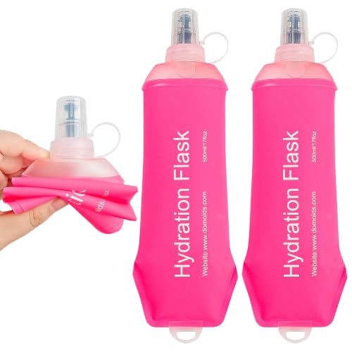 2 Pack 500ml Soft Flask, Shrink As You Drink Collapsible Water Bottles for Running Vest & Hydration Pack, BPA-Free Leak-Proof TPU Folding Bottle for Hiking Cycling Climbing Jogging-Pink - color: Pink