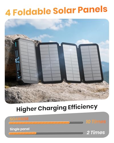 SOARAISE Solar Power Bank 48000mAh Wireless Battery Pack with 4 Cables | Solar Charger with 4 Solar Panels, Built in 4 Cables, PD QC 3.0 Fast Charging, Flashlight for Camping Travel, Rugged Design - color: Blue
