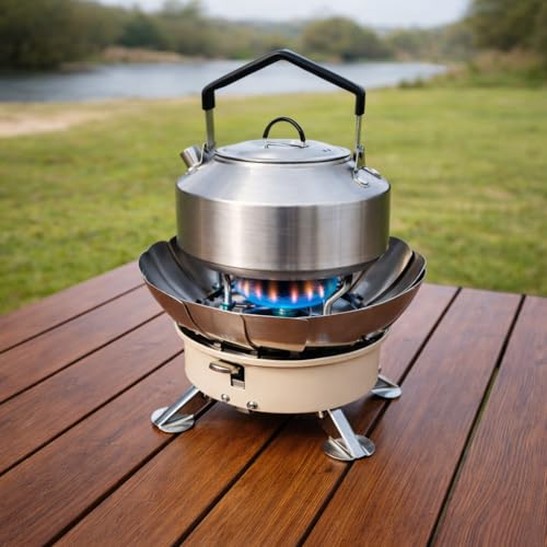 Butane Camping Stove, Portable Windproof Camping Gas Stove with Built-in Windshield, Piezo Ignition, Propane Canister Adapter, Foldable Burner for Backpacking Hiking Outdoor Cooking