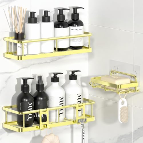 Shower Caddy Adhesive, Rustproof Shower Organizer with Soap Holder, Large Capacity Shower Shelves for Inside Shower, No Drilling Bathroom Organizers and Storage for Home Decor（3 Pack Gold） - color: Gold
