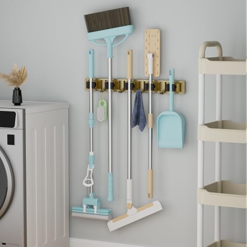 reliahom Broom Holder Wall Mount Mop Hanger Tools organizer 5Racks 4Hooks | Adjustable Mop Broom Wall Hanging Heavy duty Tools Storage Rack Space-saving for Garage,Kitchen,Laundry Room,Garden, Bronze - color: Bronze