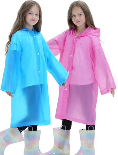 2 Pack Raincoats for Kids, Reusable Rain Ponchos with Hood and Sleeves Rain Coats for Boys and Girls - color: A-pink&blue