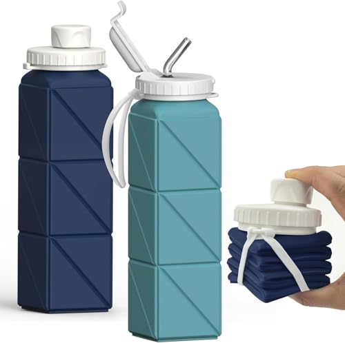 BEAUTAIL Collapsible Water Bottles 21oz/610mL, Silicone Travel Water Bottle - color: Dark Blue+Blue