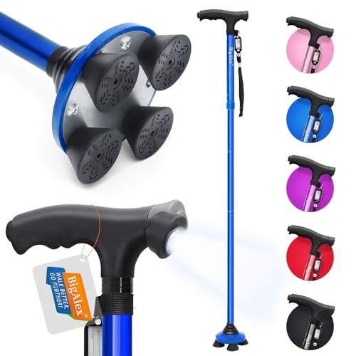 BigAlex Folding Walking Cane with LED Light,Pivoting Quad Base,Adjustable Walking Stick with Carrying Bag for Man/Woman (Alloy Base) - color: Blue(30"-35")