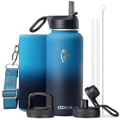 Coolflask 32 oz Water Bottle Insulated with Straw & 3 Leakproof Lids - color: Samurai Cyan, size: 32 Ounces