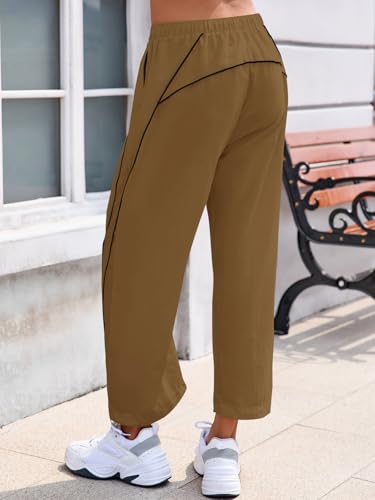 Fisoew Womens Baggy Wide Leg Casual Elastic Waist Cropped Pants - color: Brown, size: Medium