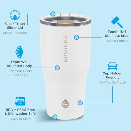 GROSCHE Yukon Triple Insulated Coffee Travel Mug with Lid, 20oz Cream White - color: Cream White, size: 20 Ounces