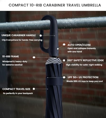SIEPASA Travel Umbrella with Carabiner Handle - Windproof 10 Ribs Auto Open/Close for Rain & Sun Protection, Compact Portable Clip-on Backpack Design with Safety Reflective Strip. - color: Navy Blue