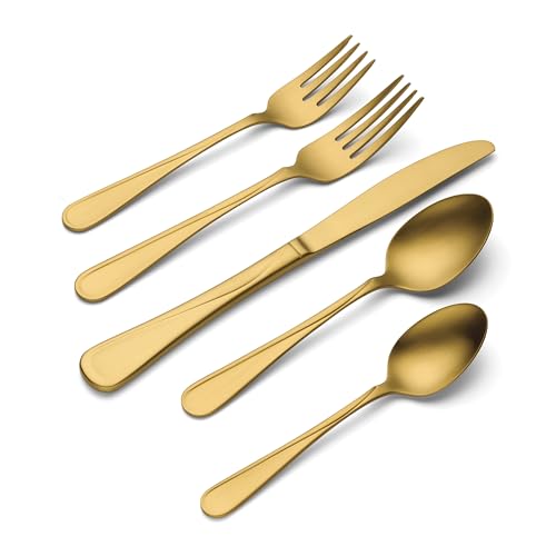 Oneida Flight Gold Satin 20-Piece 18/0 Silverware Set for 4, Flatware | satin finish, dishwasher safe | includes knives, forks, and spoons | heavy duty, cutlery set for kitchen and dining, utensils - style: 20-Piece Flatware Set, Gold