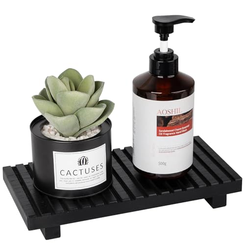 Bathroom Tray Rustic Farmhouse Decor Wood Stand, 11" * 5.5" Black | Waterproof, Lightweight, Easy Clean, Wood Riser Kitchen soap holder Accessories for Office Desk, Vanity, Counter, Sink - color: Black, size: 11" x 5.5" x 1.6"