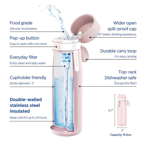 PHILIPS Filtered Water Bottle Stainless Steel Travel Keeps Cold 18.6oz Pink - color: Pink-Stainless, size: 18.6 Ounces