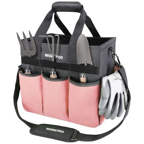 WORKPRO Garden Tool Bag, 10 Pockets and Shoulder Strap, Pink | Heavy Duty Gardening Organizer Tote Bag Standable Garden Home Tool Kits Organizer (Tools are not Included) - color: Pink