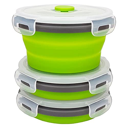 CCyanzi 3piece Round Collapsible Bowl with Lids, Silicone Food Storage Containers, Microwave & Freezer Safe, Space Saving for Kitchen Cabinet and Camping Backpack,(Green Gray) - color: green with gray