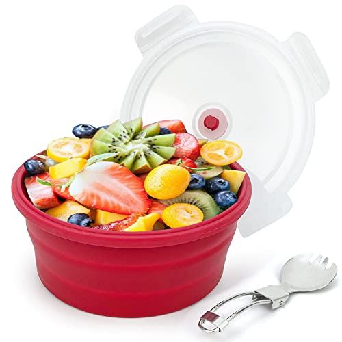 1200ml Large Camping Bowl with Foldable Spoon, Collapsible Bowl With Lid, Silicone Bento Box Container, For Travel Camping Meal Prep & Food Storage, Microwave Dishwasher Safe, Red - color: Red